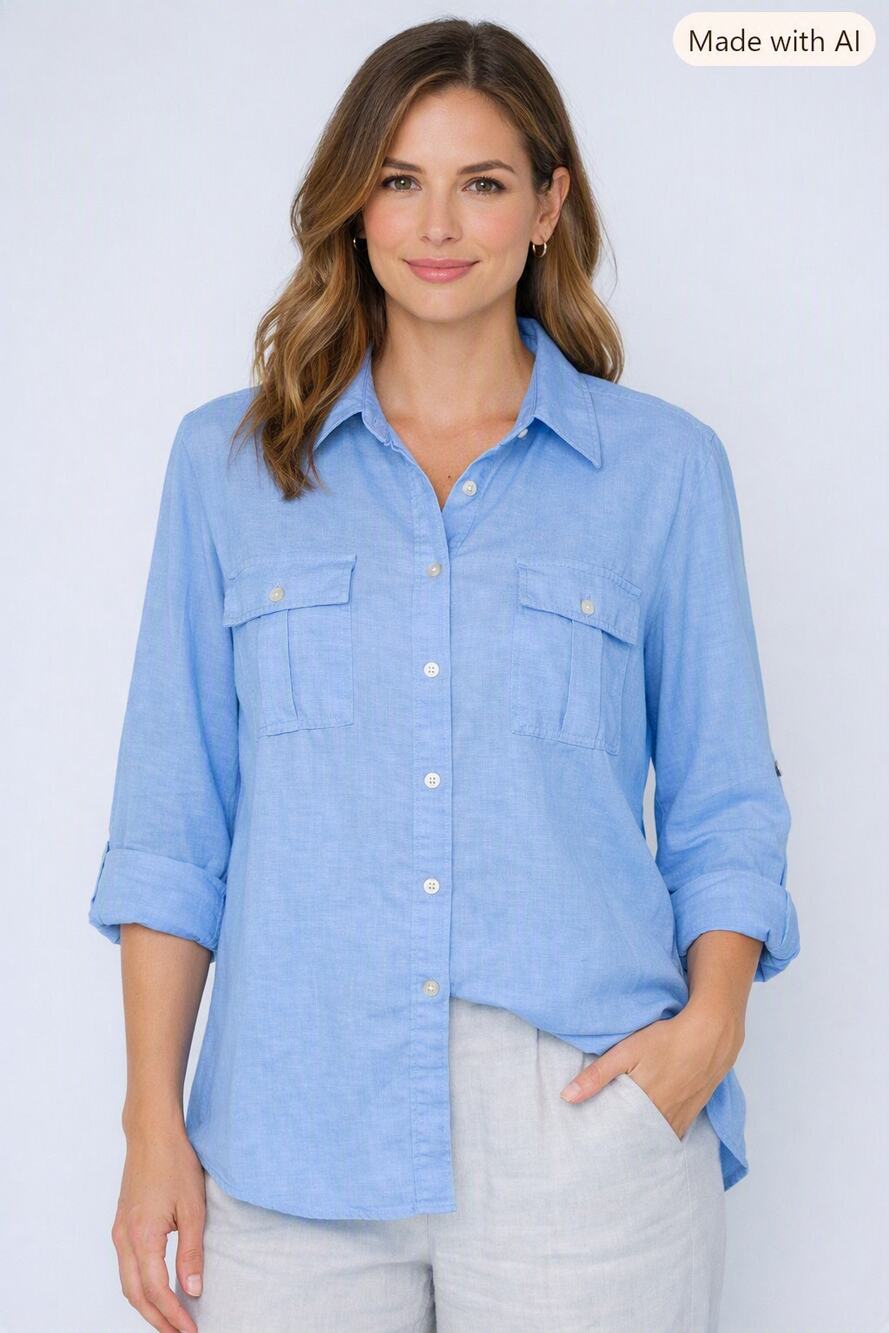 Chaus Cornflower Blue Linen Blend Roll Tab Shirt 3/4 sleeve Sz XL Preppy